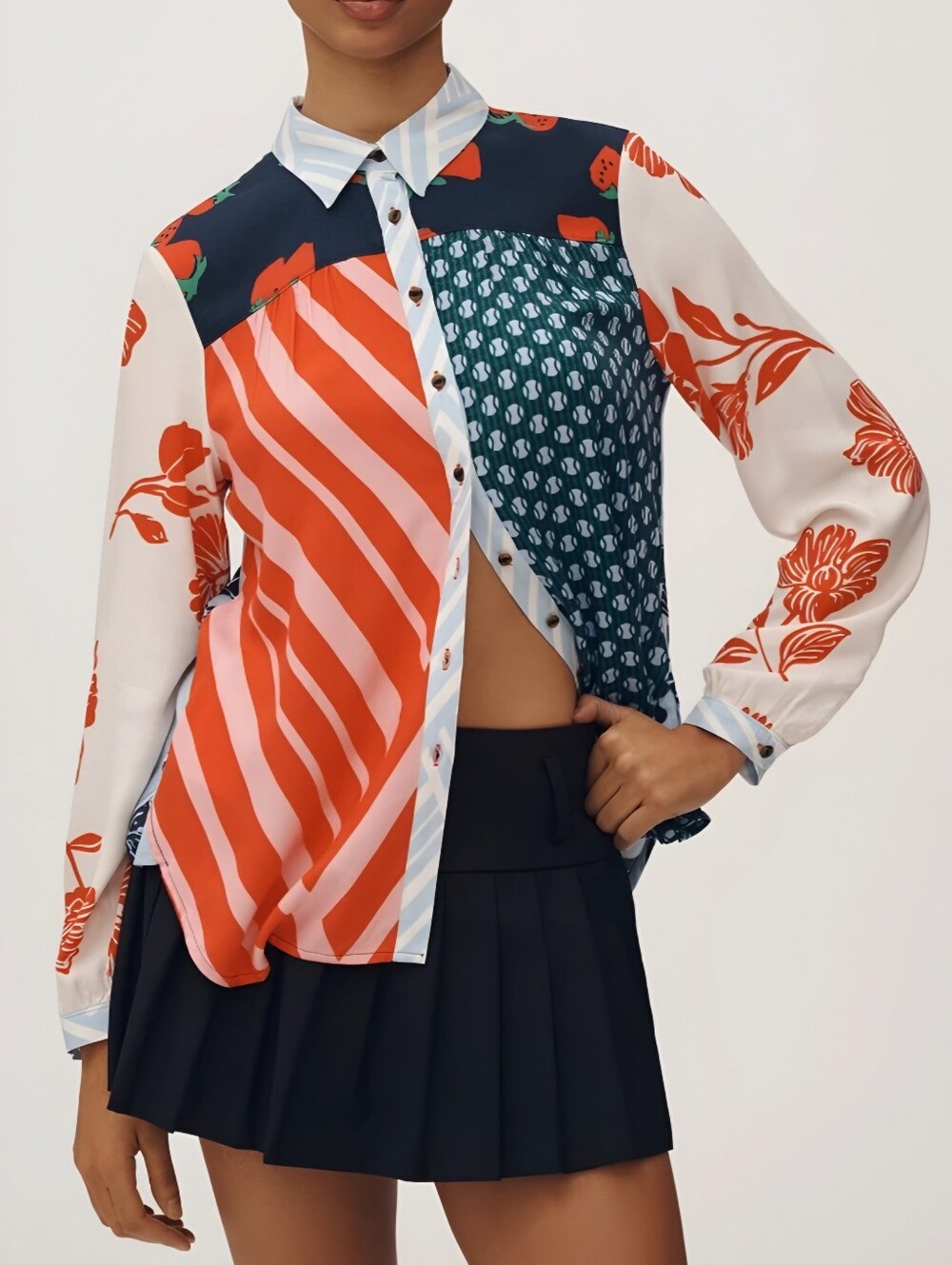 Anthro Maeve Strawberry Paz Contrast Button Up Top, M
